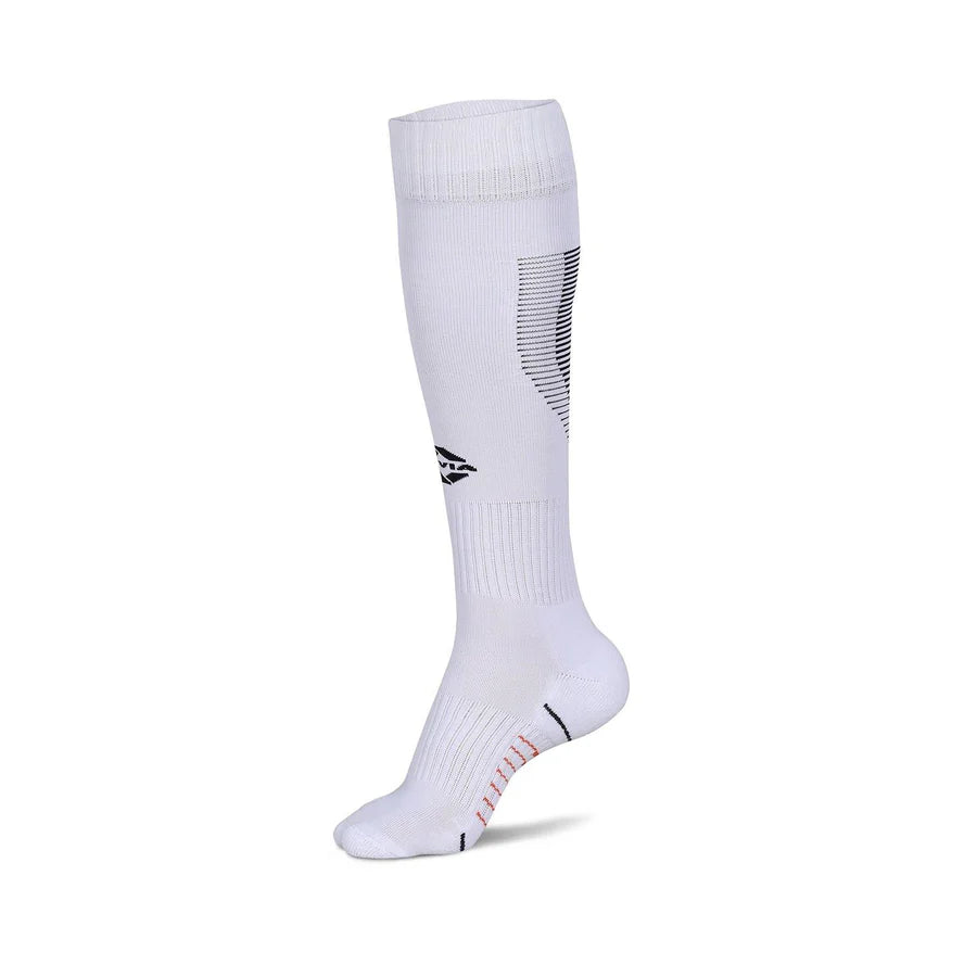 Single white knee-high NIVIA Rabona football sock with moisture-wicking fabric, featuring a black NIVIA logo on the shin, ribbed calf support panel, and cushioned footbed for match play and training sessions.