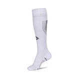 Single white knee-high NIVIA Rabona football sock with moisture-wicking fabric, featuring a black NIVIA logo on the shin, ribbed calf support panel, and cushioned footbed for match play and training sessions.