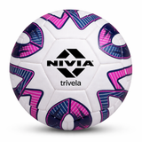 White NIVIA Trivela Thermobond Football with pink and blue geometric panel graphics and NIVIA logo printed in black at the center, designed for soccer training and match play.
