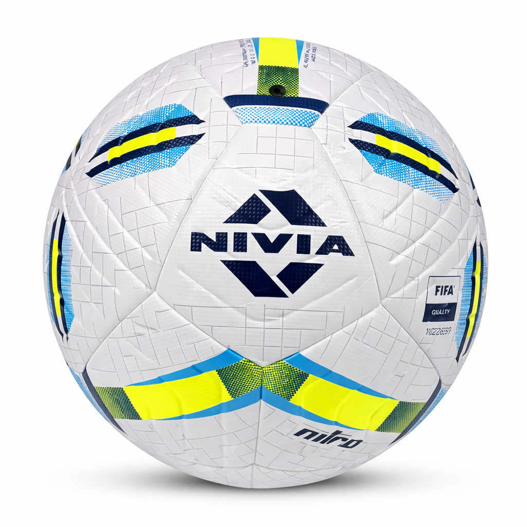 Front view of the NIVIA Nitro Thermobond Football in white with blue and neon yellow accents and NIVIA logo, featuring a 24-panel flow tech design, textured surface for enhanced control, and FIFA Quality certification for professional match play.