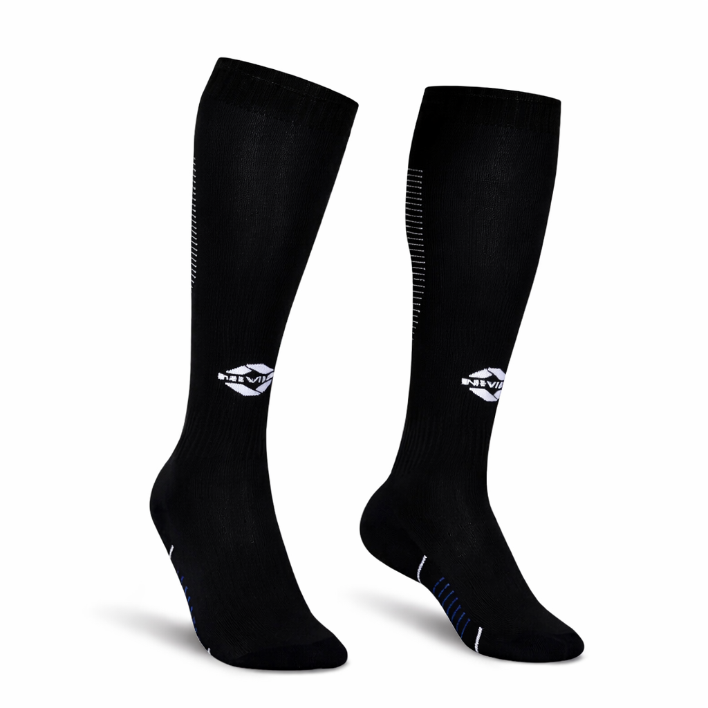 Pair of black knee-high NIVIA Rabona football socks with moisture-wicking fabric, featuring a white NIVIA logo on the shin, ribbed support detailing along the calf, and cushioned footbed designed for match play and high-intensity training.