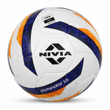 NIVIA Dominator FIFA Basic Football with a white surface and bold blue and orange curved graphic panels, featuring the NIVIA logo and FIFA Basic certification mark, designed for match and training use across different playing environments.