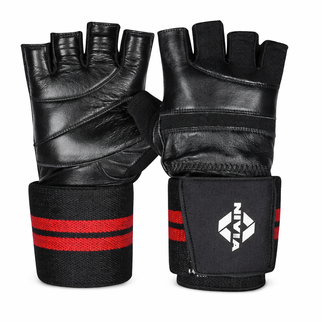 NIVIA Wrist Lock Weight Lifting Gloves in black genuine leather, shown front and back with padded palm, fingerless design, and extended wrist wrap with red stripes for enhanced support, durability, and protection during heavy lifting workouts.