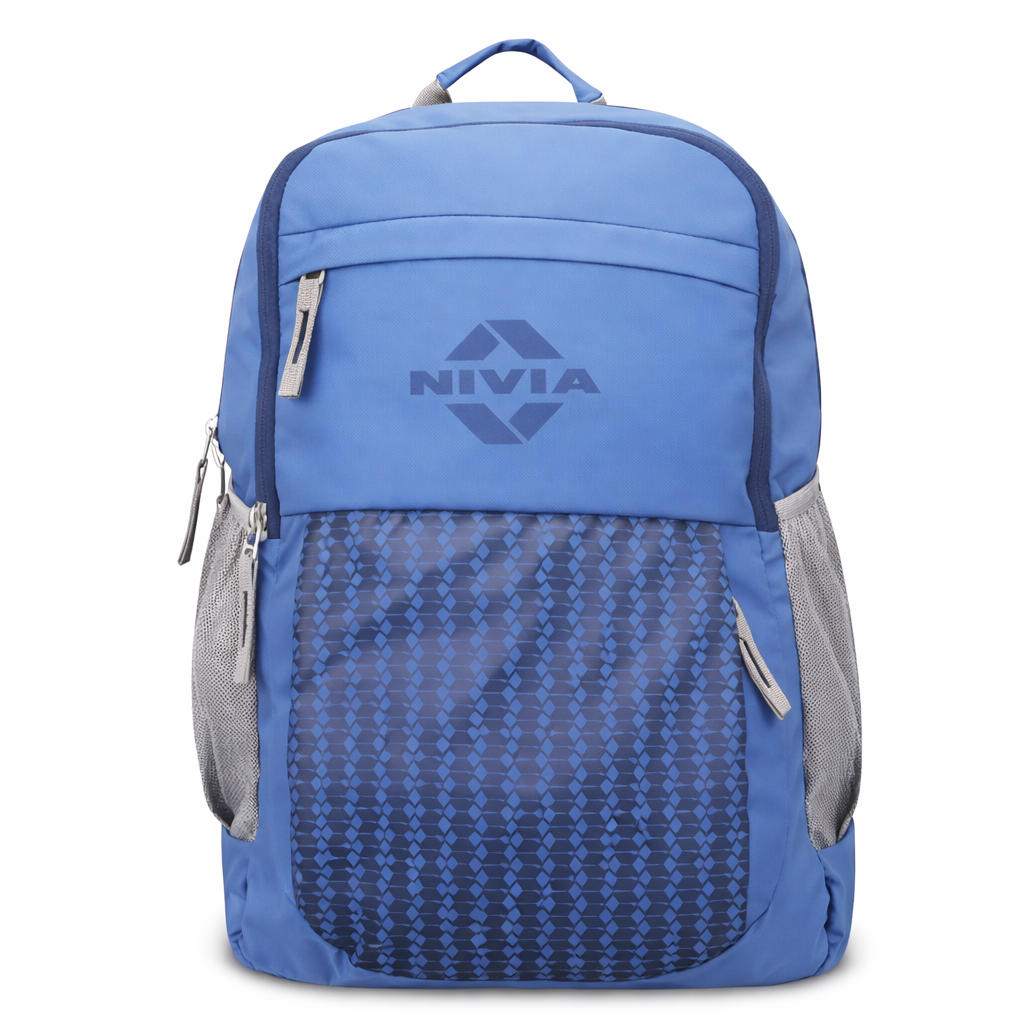 NIVIA Illusion Backpack blue front view with 3 compartments, front zip pocket and mesh side bottle holders.