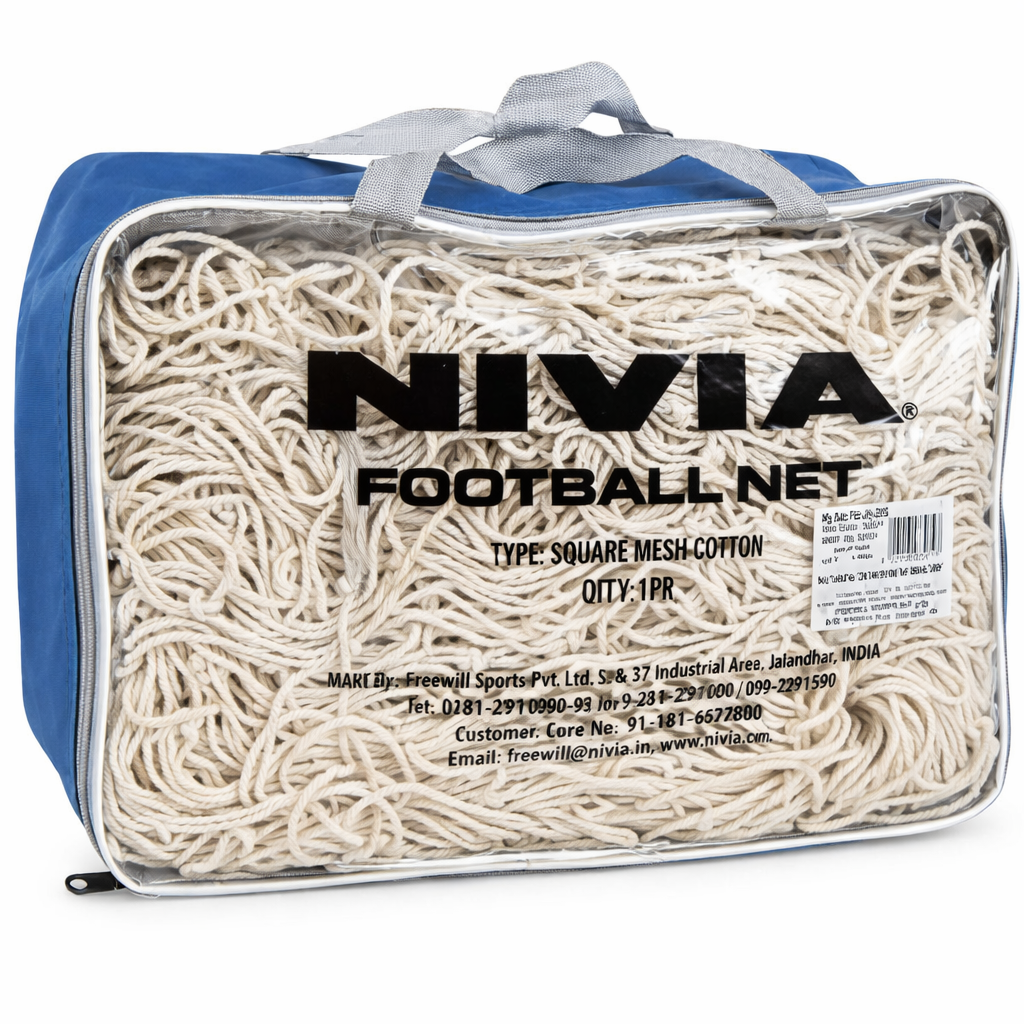 NIVIA Football Net 5607 square mesh soccer goal net packed inside a transparent zippered carry bag with blue sides and handles. The white cotton square mesh net is visible through the front, labeled “NIVIA Football,” and is designed for installation on standard football goals for training and match play.