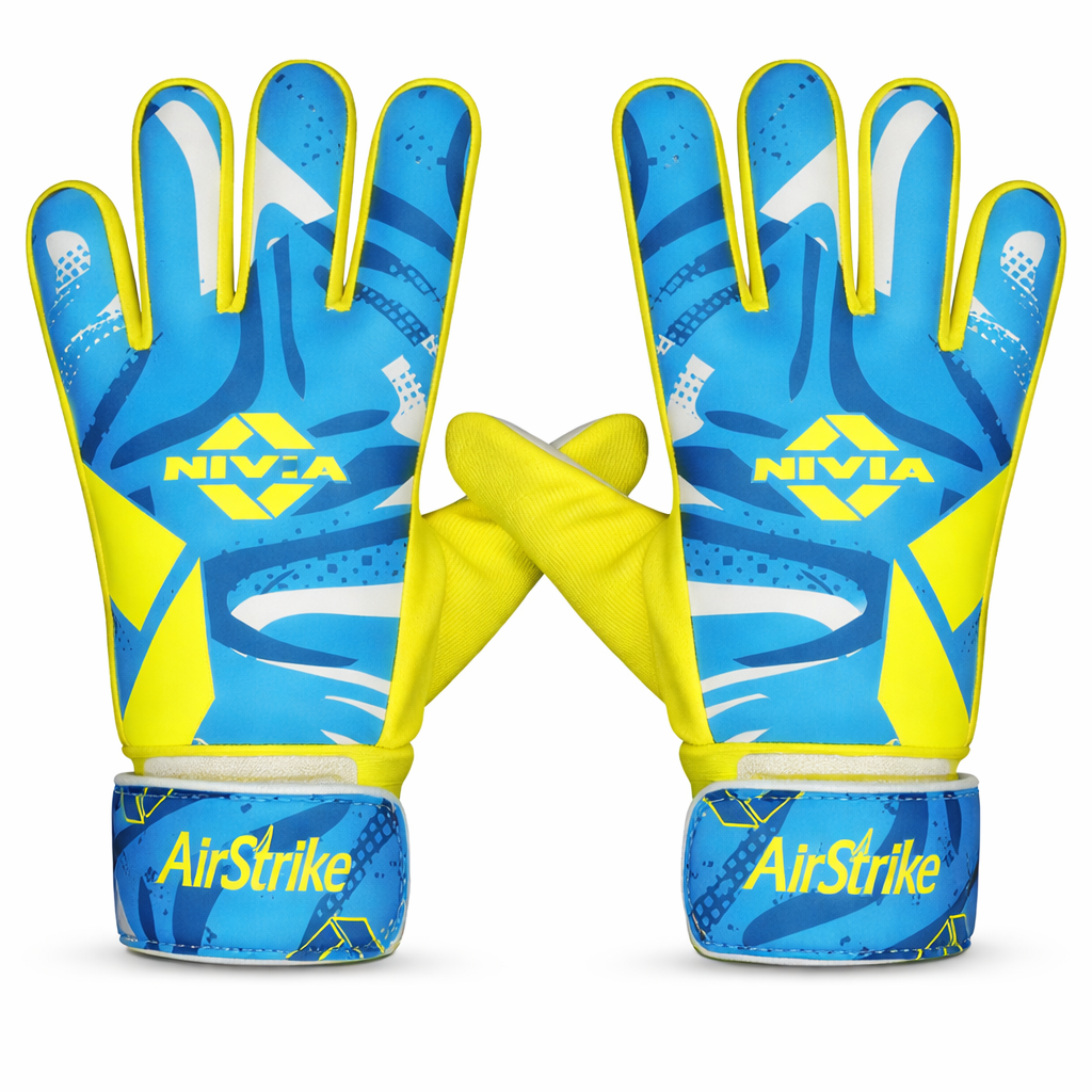 Pair of NIVIA Air Strike Football Goalkeeper Gloves in blue and neon yellow with latex palm and adjustable wrist strap, designed for soccer training and match play, supporting ball handling and controlled hand movement with a slightly looser fit.