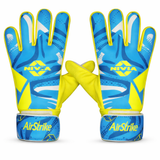Pair of NIVIA Air Strike Football Goalkeeper Gloves in blue and neon yellow with latex palm and adjustable wrist strap, designed for soccer training and match play, supporting ball handling and controlled hand movement with a slightly looser fit.