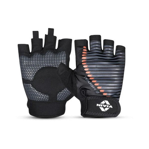 NIVIA Tough 2 Cross-Training Gloves shown front and back in black with textured palm padding and striped grip detailing, featuring adjustable wrist closure for enhanced comfort, durability, and secure grip during high-intensity workouts.
