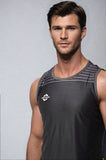 Close-up front view of a model wearing the NIVIA Skylite Track and Field Athletic Kit black sleeveless jersey, featuring a crew neckline and designed for track and field training and sports activities.