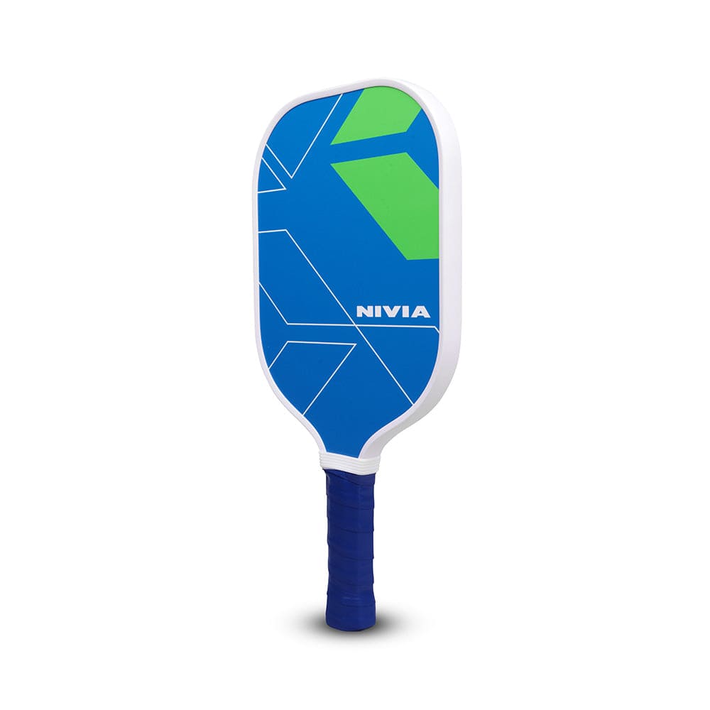 Nivia Australia Pickleball Paddle with blue and green geometric design and professional fiberglass surface.