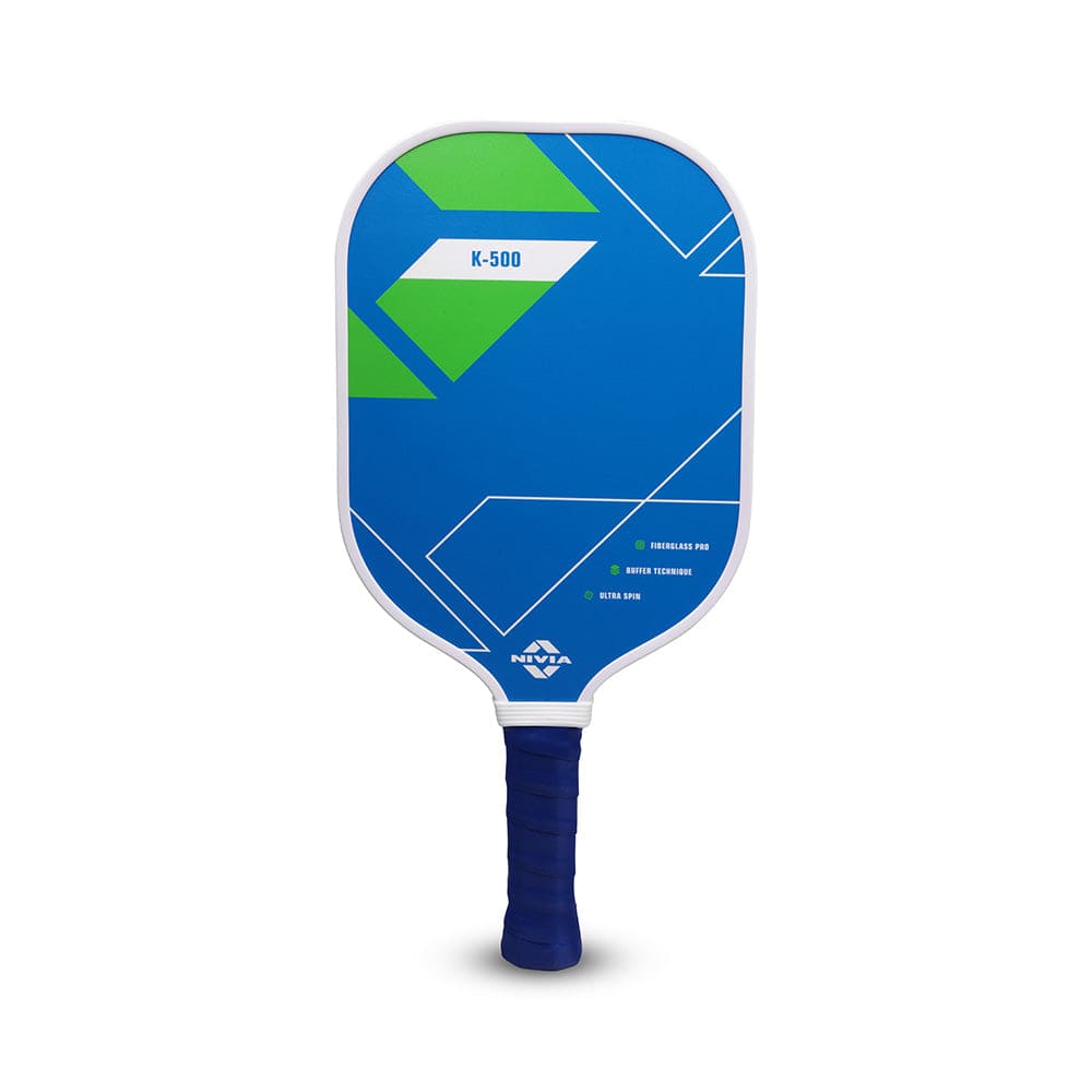 Nivia K-500 Pickleball Paddle Australia - Back view showing Fiberglass Pro surface, Buffer Technique, and Ultra Spin technology