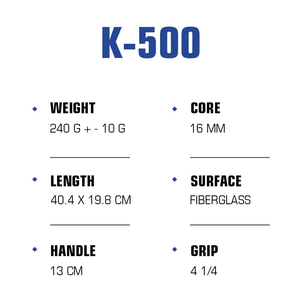 Technical specifications for Nivia K-500 Pickleball Paddle: 240g weight, 16mm core, 40.4 x 19.8 cm length, fiberglass surface, 13cm handle, and 4 1/4 grip size.