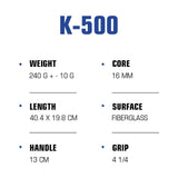 Technical specifications for Nivia K-500 Pickleball Paddle: 240g weight, 16mm core, 40.4 x 19.8 cm length, fiberglass surface, 13cm handle, and 4 1/4 grip size.