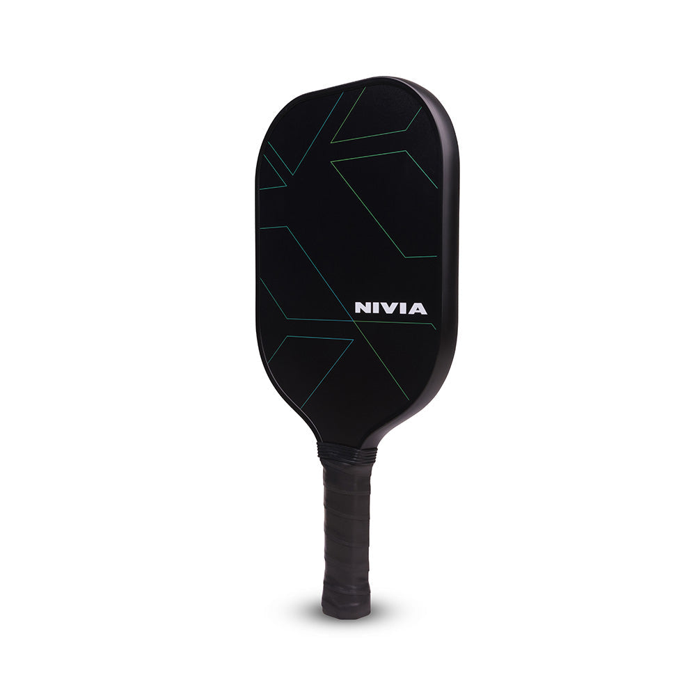 Angled view of the NIVIA K1200 Pickleball Paddle showing the sleek black composite face and ergonomic non-slip grip.