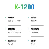 NIVIA K-1200 Pickleball Paddle technical specifications: 220g weight, 16mm core thickness, T700 Carbon surface, and 13cm handle length.