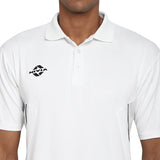 Close-up of the off-white NIVIA Crick 1000 Jersey showing the jacquard collar, 3-button placket, half sleeves, side mesh panels, and printed NIVIA logo on the chest.