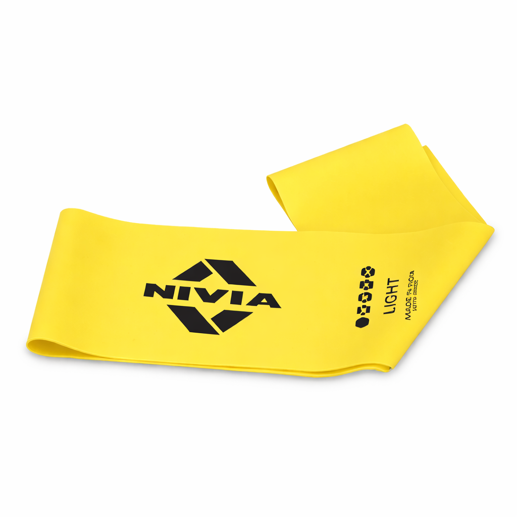 Folded yellow NIVIA Resistance Exercise Band (1.5M) with black NIVIA logo and “Light” resistance marking printed on the surface, designed for general fitness and resistance workout training.