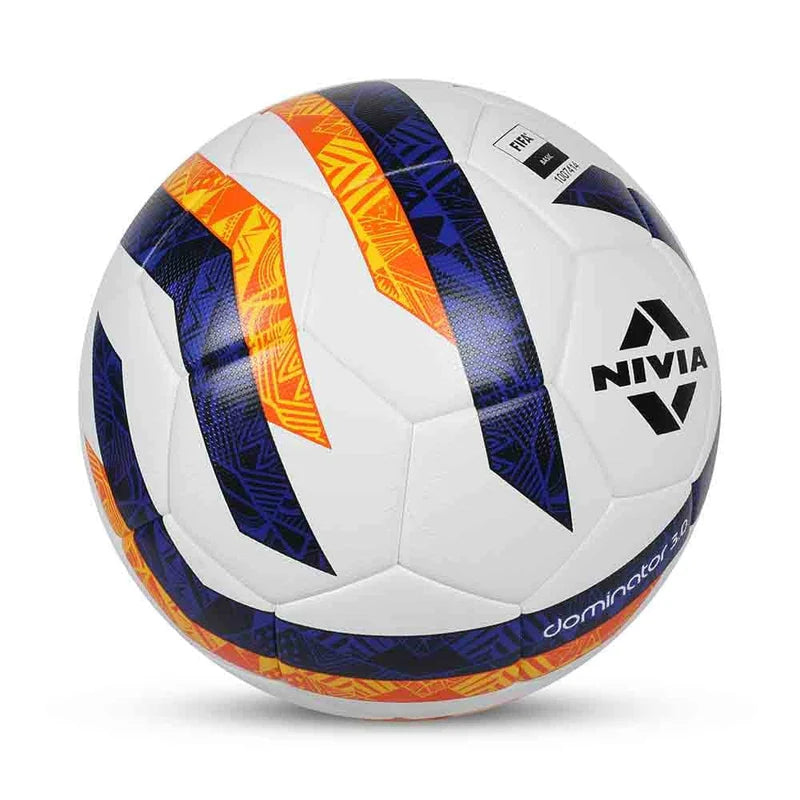 Angled view of the NIVIA Dominator 3.0 FIFA Basic Football with a white surface and bold blue and orange patterned curved panels, featuring the NIVIA logo and FIFA Basic certification, designed for match and training use across multiple playing environments.
