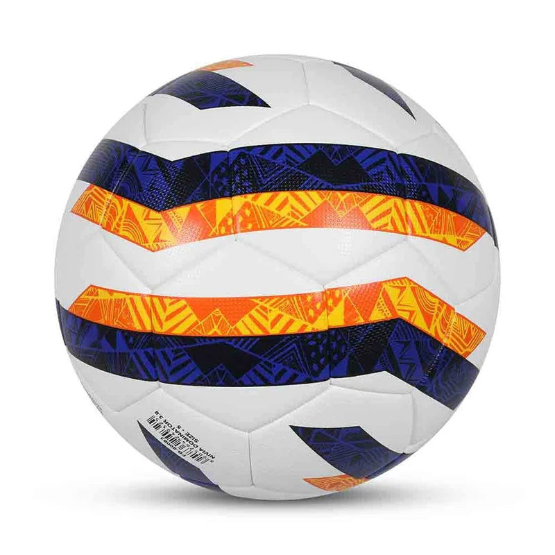 Rear view of the NIVIA Dominator 3.0 FIFA Basic Football showing a white panel design with bold blue and orange patterned curved stripes wrapping around the ball, suitable for match play and regular training across various playing surfaces.
