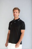 Model wearing the NIVIA Ray 17 Polo Shirt in black, featuring a classic collar with button placket and contrast trim on the collar and sleeves, made from polyester cotton fabric for casual and everyday wear.