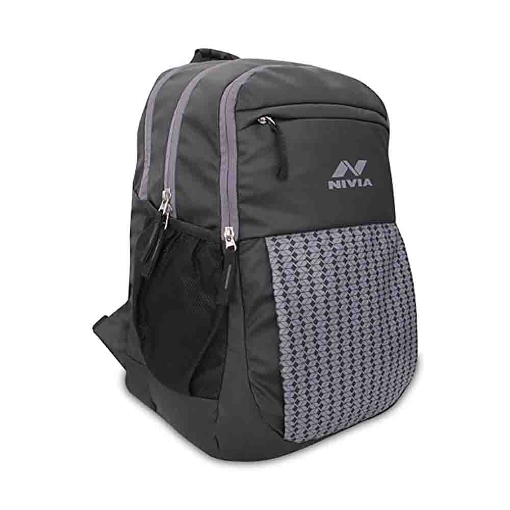 NIVIA Illusion Backpack angled front view with 3 compartments, front zip pocket and mesh side bottle holder.