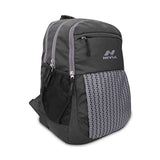 NIVIA Illusion Backpack angled front view with 3 compartments, front zip pocket and mesh side bottle holder.