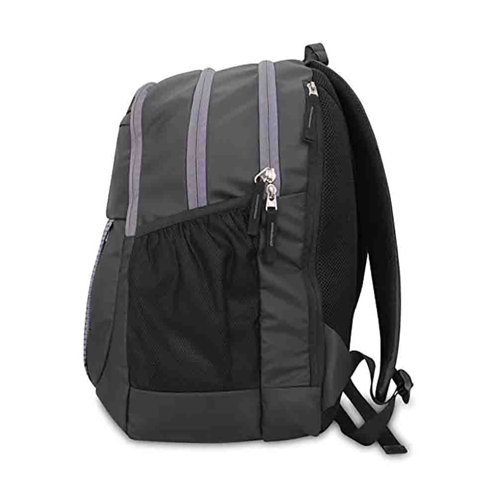 NIVIA Illusion Backpack side view with multiple zip compartments, mesh side pocket and padded shoulder straps.