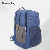 NIVIA Illusion Backpack blue angled view with 3 compartments, front zip pocket and mesh side bottle holder.
