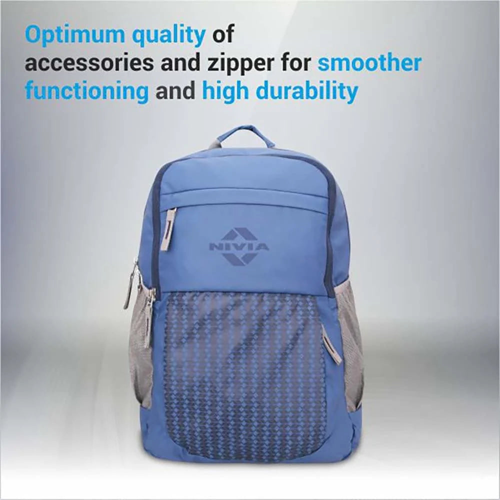 NIVIA Illusion Backpack in blue with multiple compartments, front zip pocket and durable zipper design.
