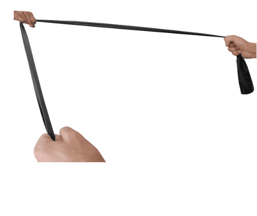 Hands stretching a black NIVIA Resistance Exercise Band (1.5M) to demonstrate elasticity and strength, suitable for resistance-based fitness and workout training exercises.
