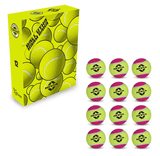 NIVIA Tennis Ball Heavy WT pack of 12 multicolor cricket practice balls, featuring a bright yellow box with tennis ball graphics and twelve heavy weight yellow and pink balls with NIVIA logo, designed to simulate the feel of a leather cricket ball for training sessions.