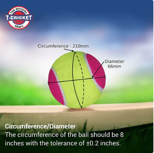 NIVIA Tennis Ball Heavy WT shown with measurement graphics indicating 210 mm circumference and 66 mm diameter, along with text stating the ball should measure 8 inches in circumference with a tolerance of +0.2 inches, highlighting official T-Cricket heavy specifications for practice and training use.