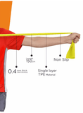 Person stretching a yellow NIVIA Resistance Exercise Band (1.5M) across their arm, highlighting product features including 150 cm length, 0.4 mm thickness, single-layer TPE material, and non-slip design for fitness and workout training.