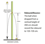 Illustration showing the rebound test of the NIVIA Tennis Ball Heavy WT, indicating that when dropped from a height of 200 cm, the ball should bounce back between 125–135 cm, with a vertical measurement scale and bounce level diagram displayed.