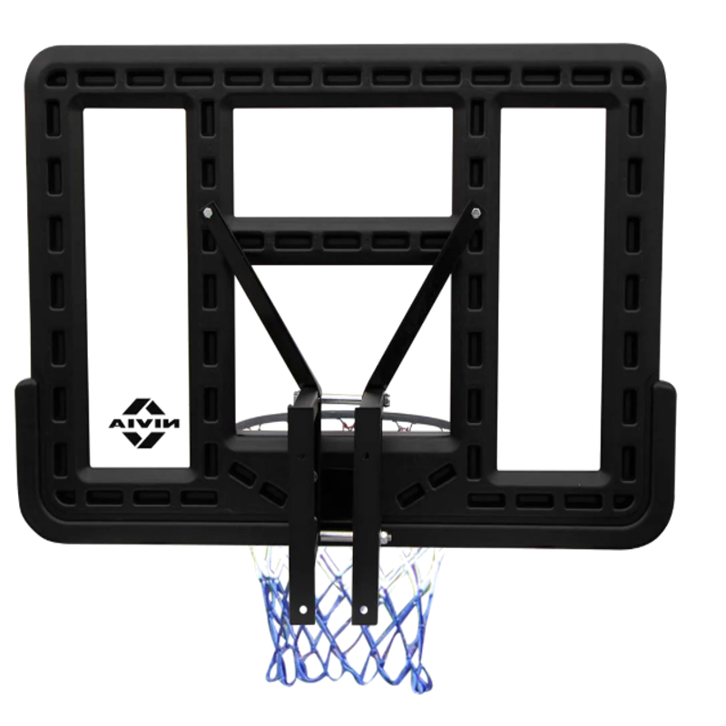 Rear view of NIVIA basketball hoop backboard with reinforced mounting brackets and tricolor red, white, and blue net.