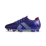 Side view of NIVIA Aura soccer cleats in purple with silver stripes and molded studs for traction.