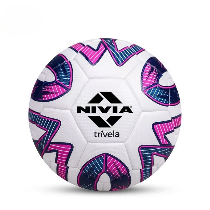 White NIVIA Trivela Thermobond Football with pink and blue geometric panel graphics and NIVIA logo printed in black at the center, designed for soccer training and match play.