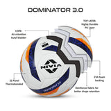 Infographic of the NIVIA Dominator 3.0 FIFA Basic Football showing a cutaway view of its layered construction, including a highly durable PU top layer, EVA foam backing, reinforced fabric for better shape retention, air retention butyl bladder core, and 32-panel thermobonded design, suitable for match and training use.