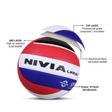 Cutaway view of the NIVIA VAYU Volleyball showing its layered construction, including a professional grade composite microfiber outer layer, reinforced fabric laminated layer, high air retention butyl bladder, and 12-panel aerodynamic design for indoor play following FIVB standards.