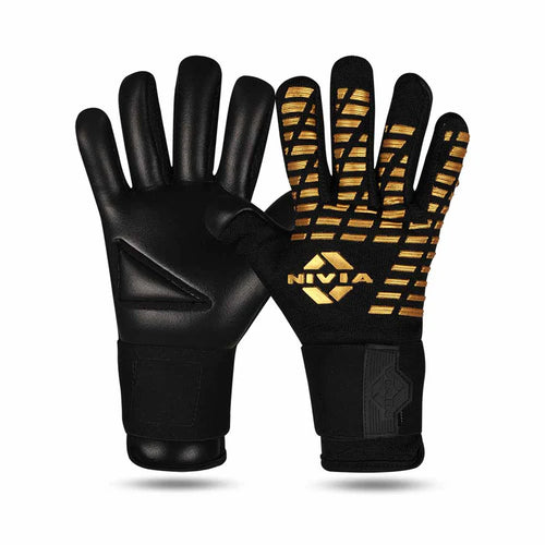 NIVIA Ashtang Gold Goalkeeper Gloves in black with gold grip detailing, shown front and back to highlight textured palm for superior grip and flexible backhand design, engineered for professional-level control, comfort, and performance.