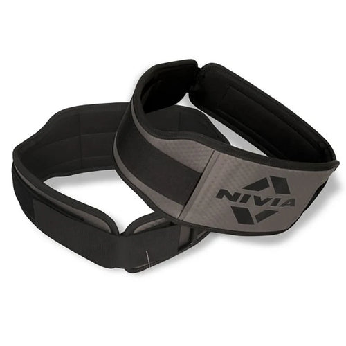 NIVIA 6-inch Quick Lock Weightlifting Belt in black and grey, featuring a wide supportive design with padded interior and adjustable strap, designed to provide maximum support and comfort for serious weightlifting and strength training.