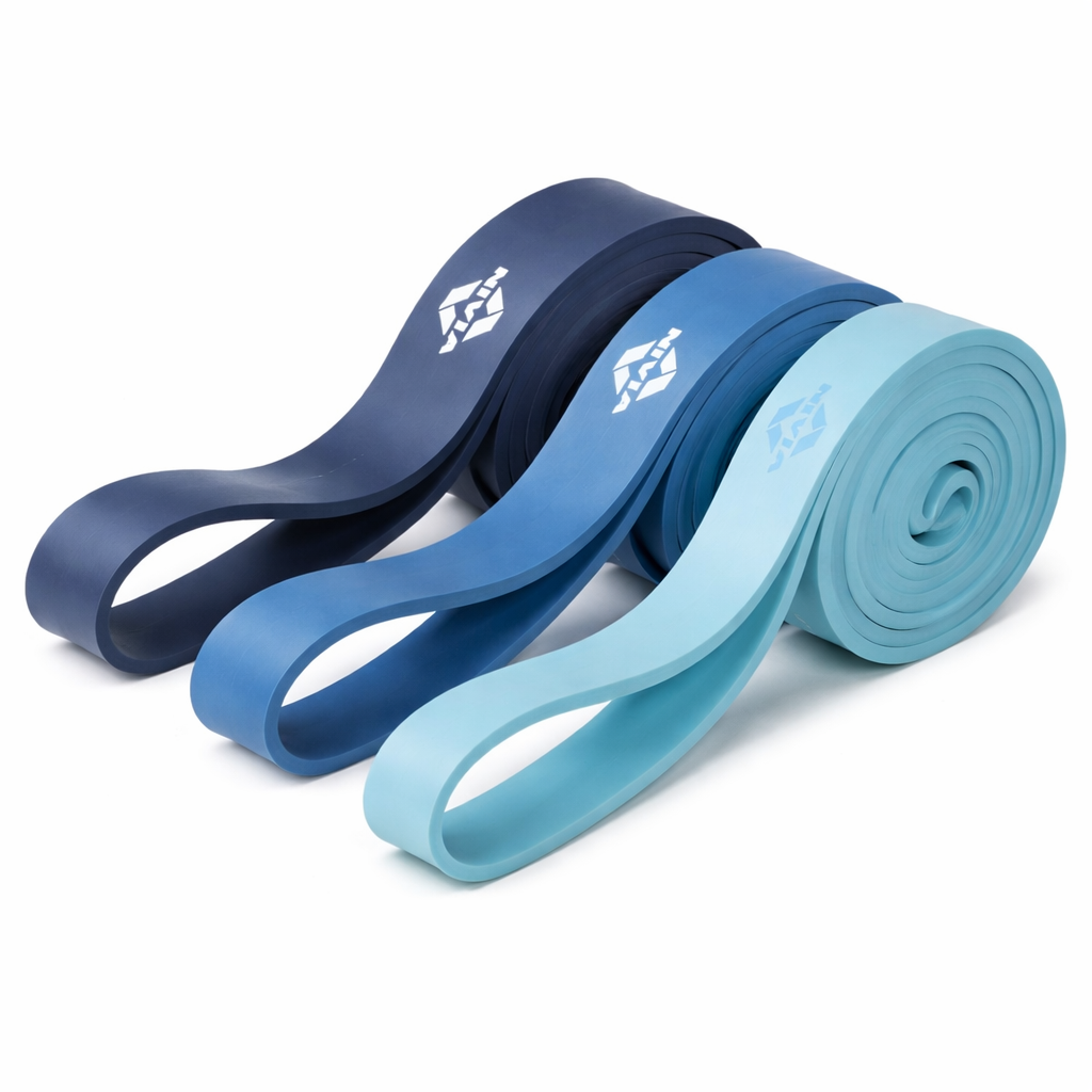 NIVIA Long Loop Resistance Band Set featuring three long loop bands in dark blue, medium blue, and light blue, representing Levels 1, 2, and 3 resistance. Designed for strength training, mobility exercises, rehabilitation, and full-body workouts at home or in the gym.