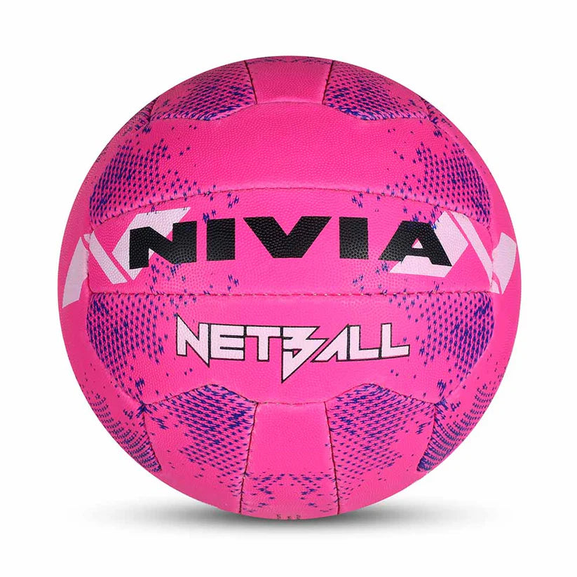 Front view of the NIVIA Net Pink Netball in bright pink with contrasting graphic accents and NIVIA branding, featuring an 18-panel hand-stitched design suitable for indoor and outdoor tournament-level matches.