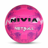 Front view of the NIVIA Net Pink Netball in bright pink with contrasting graphic accents and NIVIA branding, featuring an 18-panel hand-stitched design suitable for indoor and outdoor tournament-level matches.