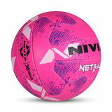 Angled view of the NIVIA Net Pink Netball showing its bright pink surface with graphic detailing and hand-stitched 18-panel construction, designed for indoor and outdoor competitive netball matches.