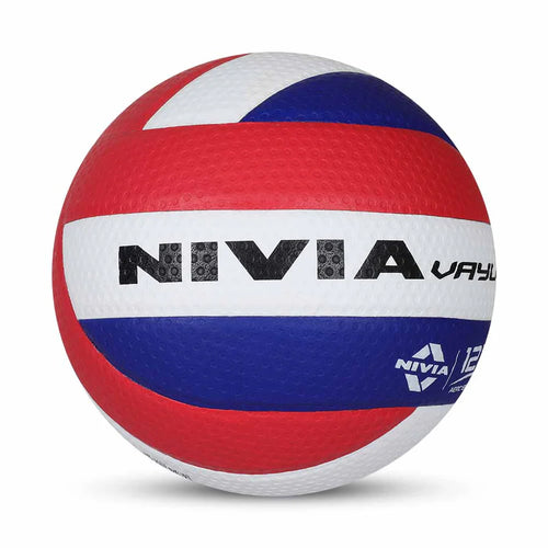NIVIA VAYU Volleyball match ball featuring a red, white, and blue panel design with textured microfiber PU surface, built to FIVB size and weight standards for indoor volleyball play.