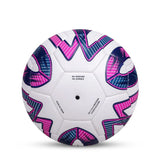 Rear view of the white NIVIA Trivela Thermobond Football featuring pink and blue geometric panel graphics, with “ALL WEATHER ALL SURFACE” text printed at the center and air valve visible, suitable for soccer training and match play.