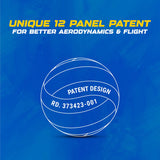 Graphic highlighting the NIVIA VAYU Volleyball’s unique 12-panel patent design (RD. 373423-001) for aerodynamic flight, displayed with a ball outline illustration on a blue background.