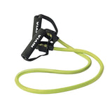 NIVIA Strap with Handle resistance band featuring a light green natural rubber tube and black foam-covered handles with adjustable straps and NIVIA branding, designed for exercise and fitness training with resistance-based movements.