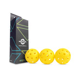 Pack of three bright yellow NIVIA Pickleball 40 Pro Outdoor Balls with evenly spaced holes, displayed beside a black NIVIA Pickleball box featuring blue and green geometric accents. Designed for outdoor play, the balls are made from durable polypropylene for consistent performance during regular games.